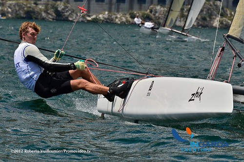 Finn Drummond approaches the top mark, European A class Championships, Lake Garda © SW